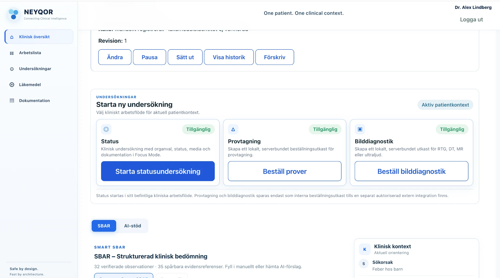 NEYQOR examination workflow with status, laboratory, imaging and Smart SBAR